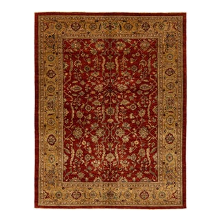 Modern Paki Peshawar Designed Wool Rug in Red - 9′ × 11′6″ For Sale
