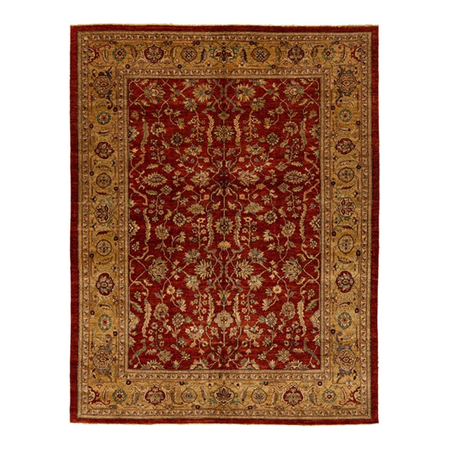 Modern Paki Peshawar Designed Wool Rug in Red - 9′ × 11′6″ For Sale