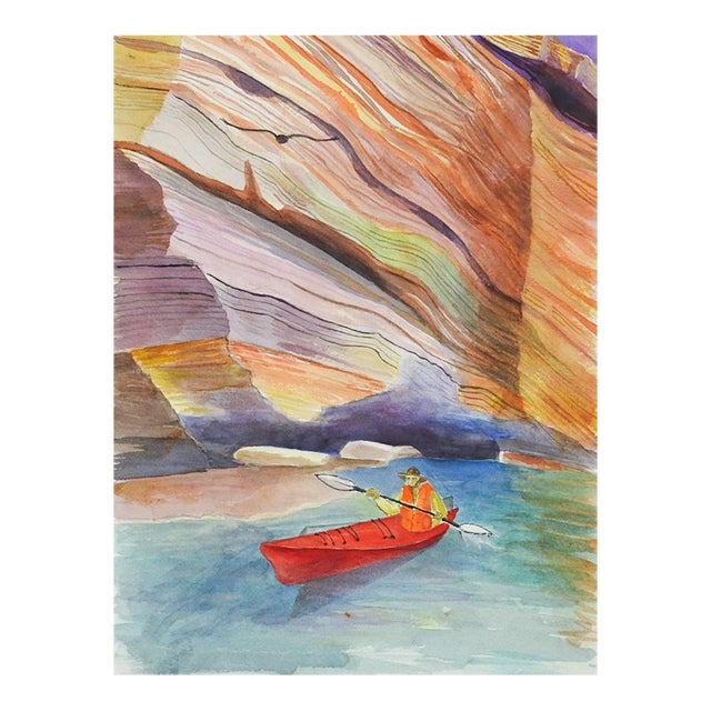 Late 20th Century Painted Canyon River Kayaking Watercolor Painting For Sale