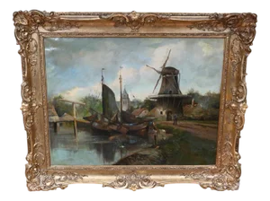 Dutch Artist, Canal Windmill Landscape, 1880, Oil Painting, Framed