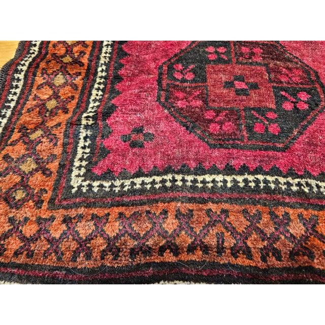 Vintage Afghan Bokhara Area Rug, Hand-Knotted Wool, Allover Geometric Pattern, Plum & Burgundy, 4x5 For Sale - Image 15 of 17
