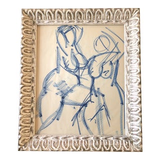Vintage Original Abstract Female Nude Blue Pastel Drawing Ornate Vintage Frame 1950’s For Sale