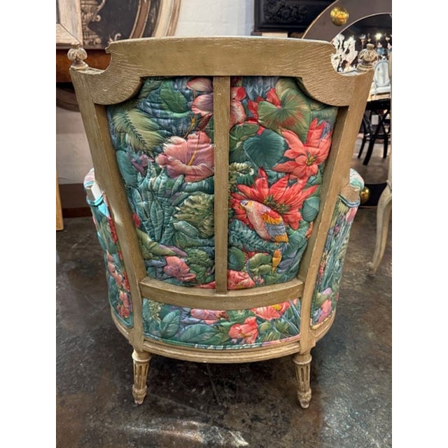 19th Century Louis XVI Painted Bergere With Palm Beach Fabric For Sale - Image 4 of 6