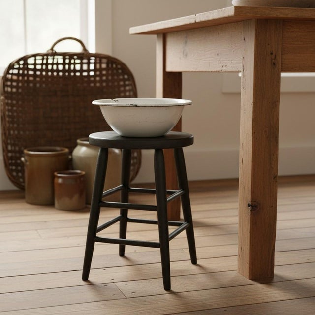 Farmhouse Early 20th Century Primitive Farmhouse Milking Stool Black Painted Wood Plant Stand-Rustic-Country For Sale - Image 3 of 11