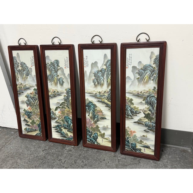 Design Plus Gallery presents a Set of Four Vintage Chinese Landscape Wall Panels. Each rectangular panel depicts a...