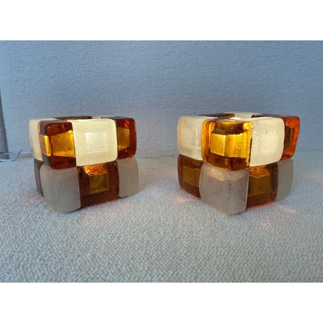 Glass Pair of Amber Glass Cube Lamps, Italy, 1970s For Sale - Image 7 of 11