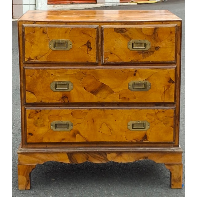 For your consisderation is this petite olivewood burl campaign-style chest from the mid-20th century, made in Italy...