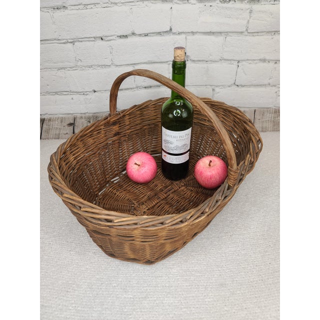 Farmhouse Vintage Hand Made Wicker Basket Bentwood Handle For Sale - Image 3 of 12