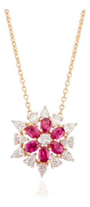 Glamorous Ruby Diamond Flower Pendant Chain Necklace in 18k Gold