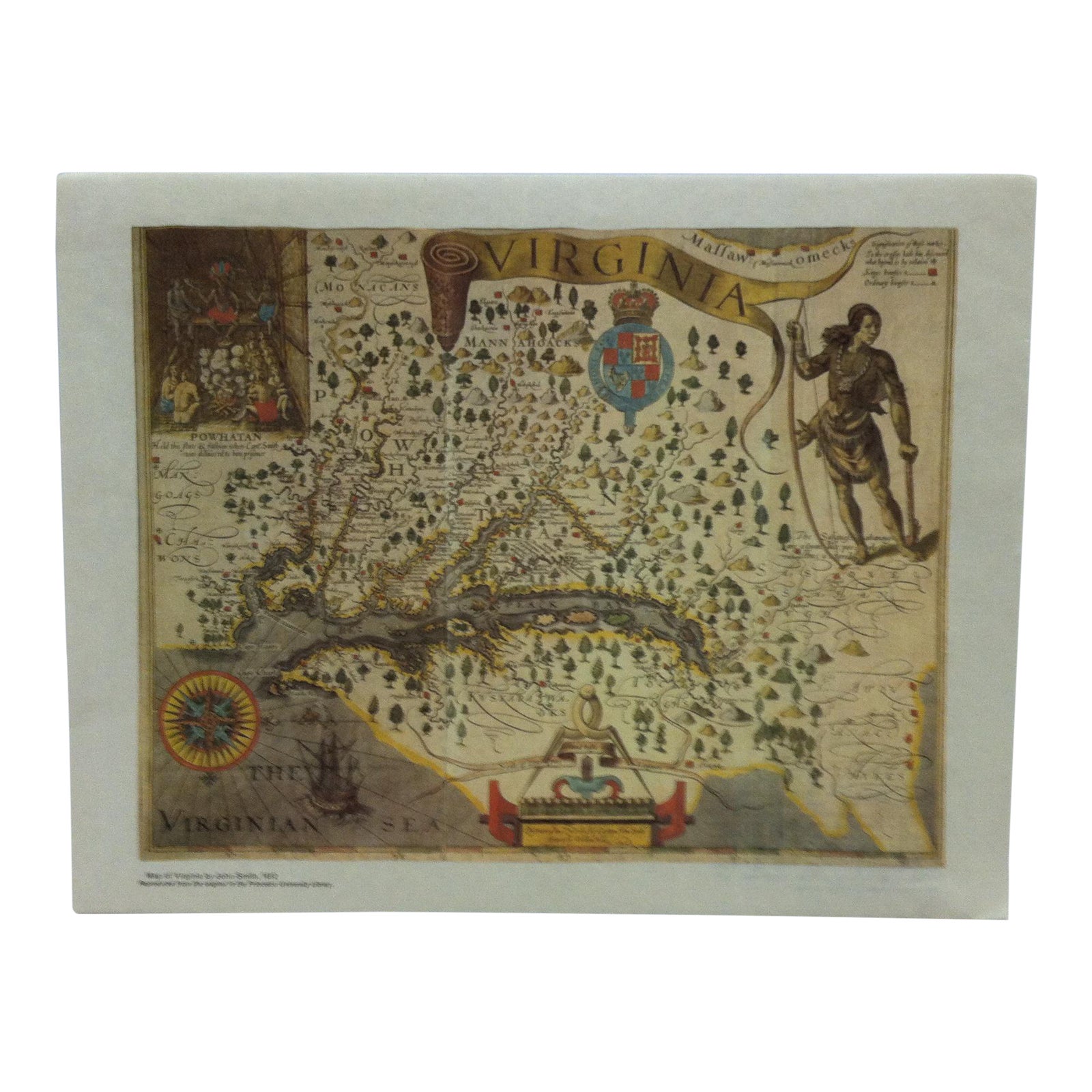 Vintage Color Map Print on Paper, "Map of Virginia by John Smith 1612