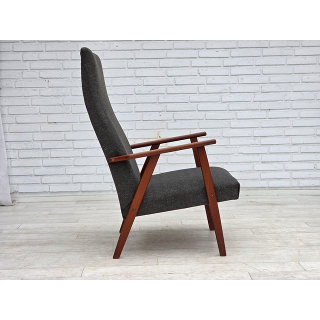 Green Danish Highback Armchair in Fabric and Teak, 1970s For Sale - Image 8 of 16