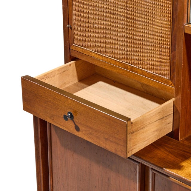 Merton Gershun for American of Martinsville Mid Century Walnut and Cane Credenza and Hutch For Sale - Image 9 of 14