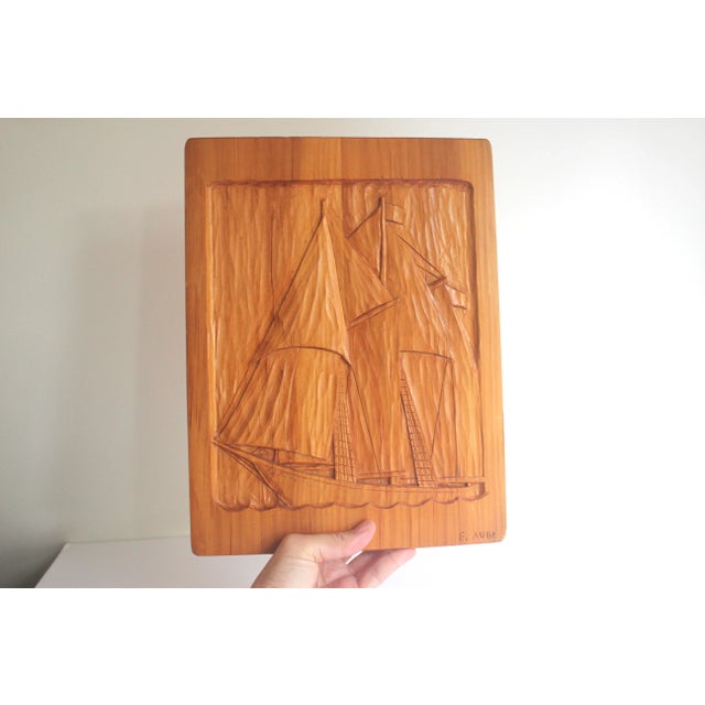 Cabin Vintage Carved Wood Bluenose Sailboat Wall Hanging Canadian Folk Art Handmade Wood Sculpture Signed by Artist For Sale - Image 3 of 6