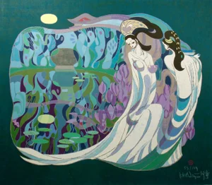 1980s "Lover's Reflection" Numbered Chinese Serigraph by He Neng 37x41 Unframed