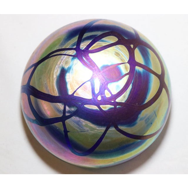 1990s Large Vintage Hand Blown Aurene Iridescent Studio Art Glass G. Levy Paperweight For Sale - Image 5 of 12