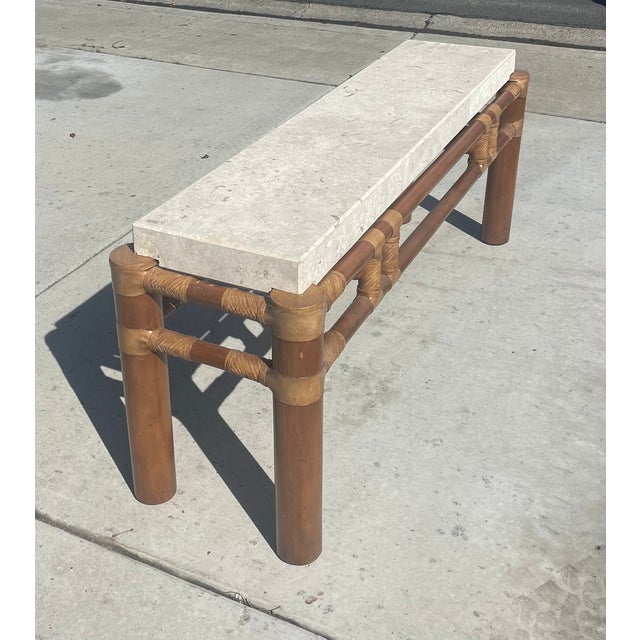 Designer chic! Statement size console table by Henredon, featuring beautiful biophilic elements. A colossal bamboo base...