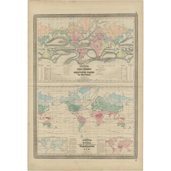 Antique Map of the Ocean Currents and Temperature of Air, 1872 For Sale