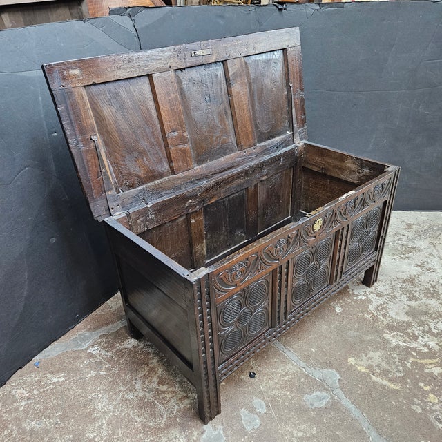 Early 19th Century Early 19th Century Period Oak Carved 3 Panel Coffer/Trunk For Sale - Image 5 of 15