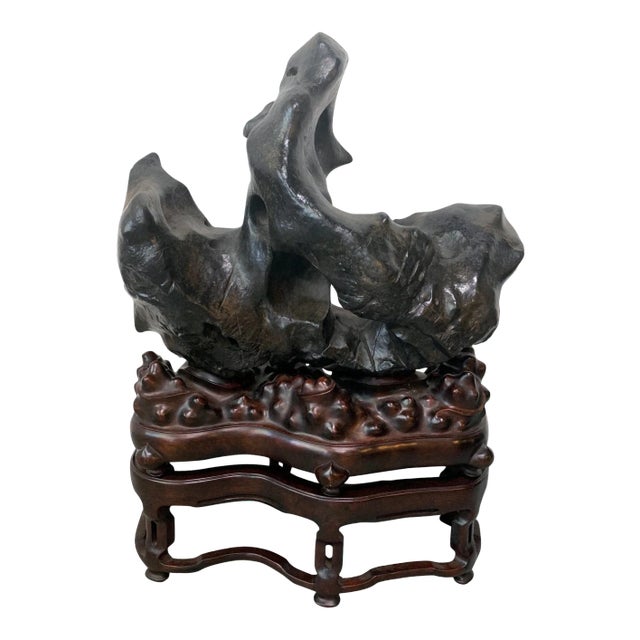 Large Chinese Lingbi Scholar Stone on Stand For Sale