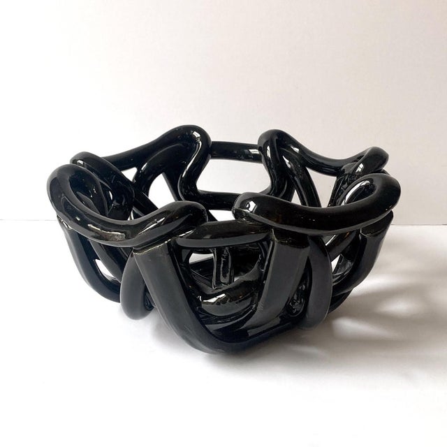 1980s Postmodern Black Ceramic Braided Woven Abstract Centerpiece Bowl For Sale - Image 4 of 7