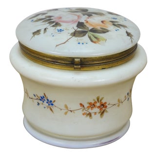 Antique French Victorian Painted Floral Opaline Glass Vanity Jar Casket 5" For Sale