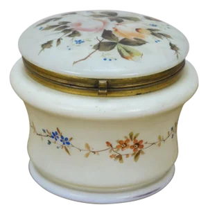 Antique French Victorian Painted Floral Opaline Glass Vanity Jar Casket 5"