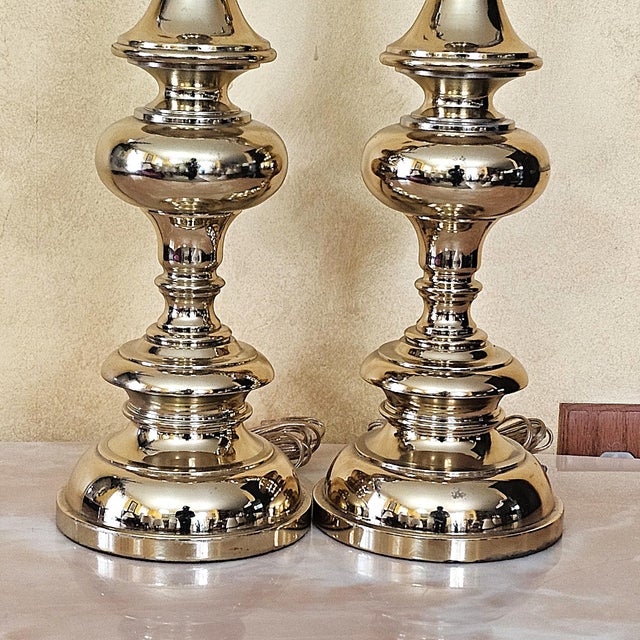 Pair of Tall Brass Table Lamps With Ivory Bell Shades – Hollywood Regency Style For Sale - Image 11 of 18