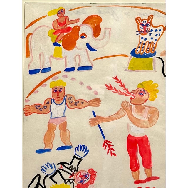 Cream Malcah Zeldis, Malcah Zeldis Folk Art Gouache Painting Outsider Artist Circus Fire Eater, Tiger, 1982 For Sale - Image 8 of 9
