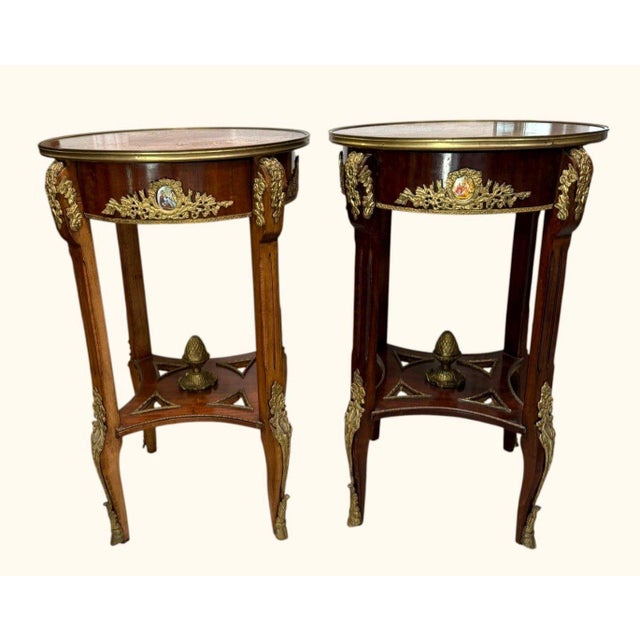 French Pair Louis XV Revival Marquetry Salon Tables With Porcelain Plaques, C. 1900 For Sale - Image 3 of 18
