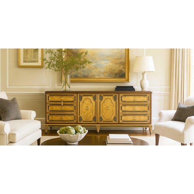 A true statement piece, this Mid-Century Italian Neoclassical Revival sideboard by Mastercraft is a striking blend of...