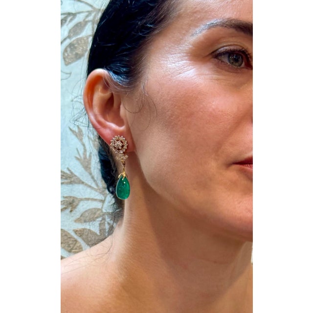 GIA Certified 28 Ct Emerald Cabochon & Diamond Drops Hanging Earrings 14 KYG For Sale - Image 12 of 18