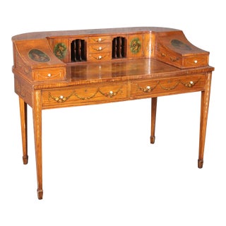 Fine Quality English Satinwood Carlton House Desk with Cherubs and Musical Theme For Sale