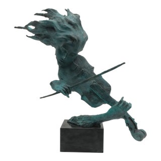 Art Deco Bronze Sculpture of Woman W. Violin on Marble Base For Sale