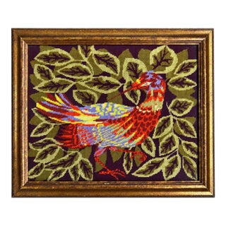 Vintage French 1970s Colorful Pheasant Needlepoint Tapestry Framed Textile Wall Art For Sale