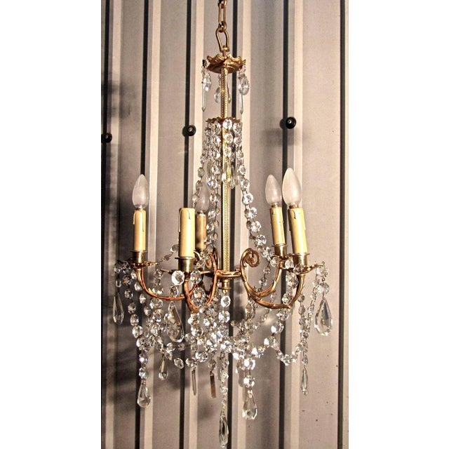 Large French Cut Glass and Brass Five Branch Chandelier, 1930s For Sale - Image 4 of 8