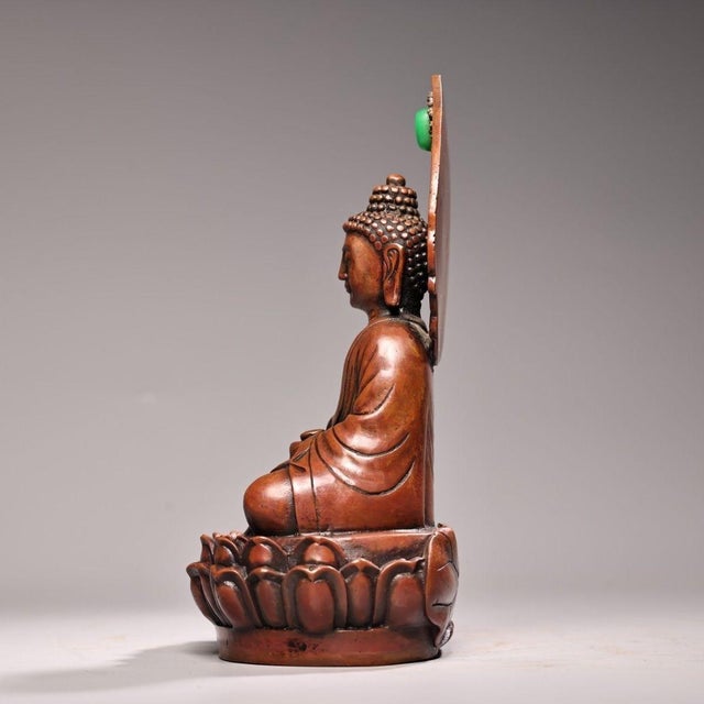 Art Deco Copper Shakyamuni Buddha Statue With Inlaid Gemstone For Sale - Image 3 of 10