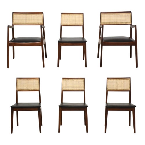 1960s Jens Risom Attributed Walnut and Cane Dining Chairs Set of
