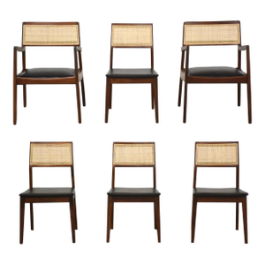 1960s Jens Risom Attributed Walnut and Cane Dining Chairs - Set of 6