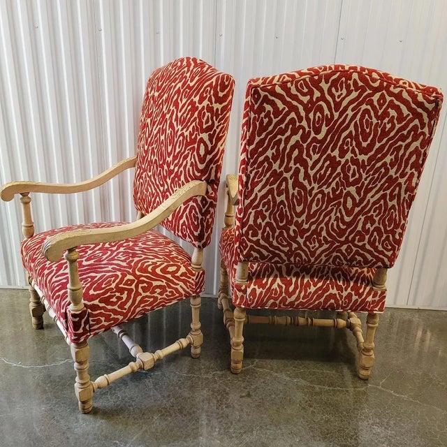 Pair of French Louis XIII Style Bleached Oak Armchairs in Red Cut Velvet For Sale - Image 4 of 11