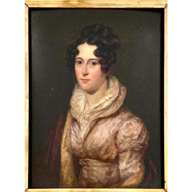 English Antique Portrait Elgant Lady Fine Painting Oil on Board in Wooden Golden Frame For Sale - Image 3 of 9
