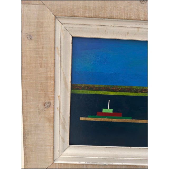 Vintage abstract oil painting featuring a minimalist landscape composition of layered horizontal forms set against deep...