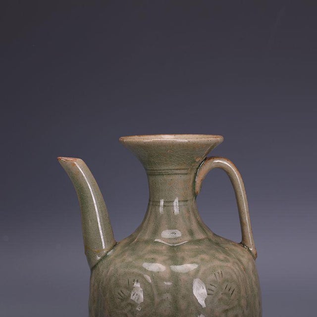 Vintage Chinese Celadon Glaze Yaozhou Style Ewer, Carved Floral Wine Pitcher For Sale - Image 10 of 10