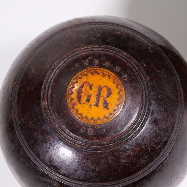 Wood Antique Lignum Vitae Bocce Lawn Bowling Balls & Leather Carrying Case--a Pair For Sale - Image 7 of 9