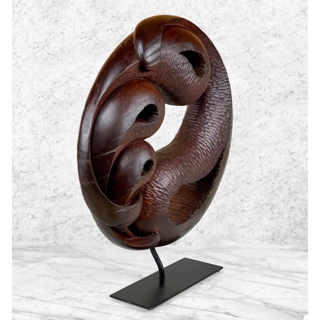 Abstract Vintage Asian Abstract Carved Rosewood Round Sculpture For Sale - Image 3 of 10