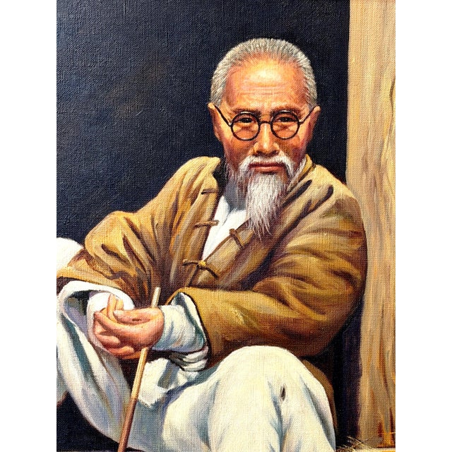 White David Cheng Hong Kong 1961 Portrait of Scholar with Opium Pipe Oil Painting For Sale - Image 8 of 9