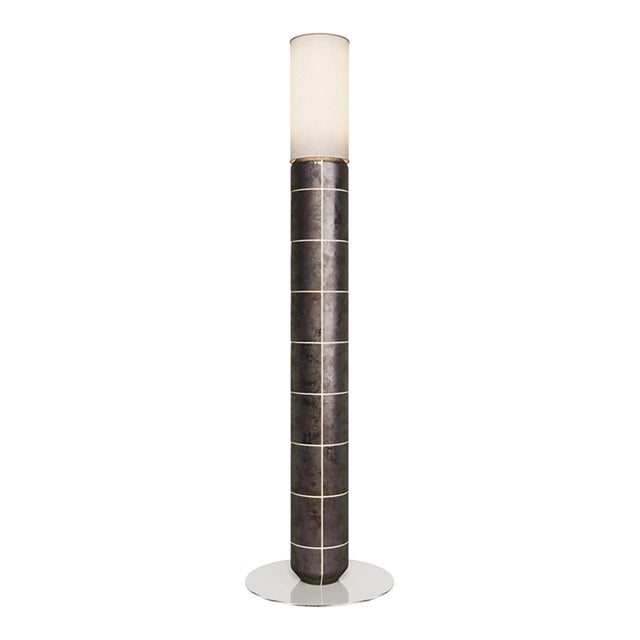 Handcrafted Ceramic Floor Lamp in With Linen Cylinder Lampshade in Gasoline Gloss Glaze For Sale