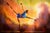 Celestial Clouds depicts a graceful dancer poised mid-leap against a vibrant, atmospheric backdrop of swirling colors. The...