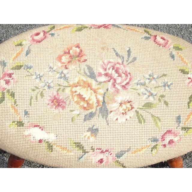 Vintage French Country Tan Needlepoint Floral Tapestry on Oak Turned Legs For Sale In Los Angeles - Image 6 of 13