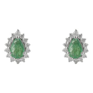 Vintage Style Natural Pear Emerald & Diamond Halo Stud Earrings in 925 Silver 2 Pieces For Sale