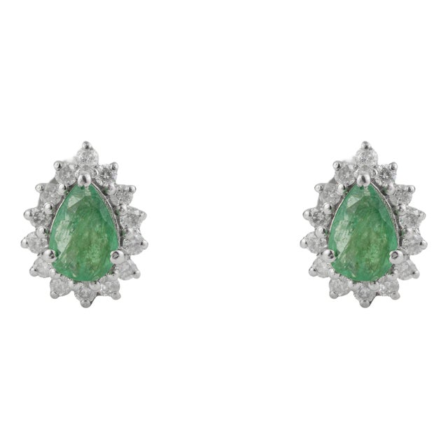 Vintage Style Natural Pear Emerald & Diamond Halo Stud Earrings in 925 Silver 2 Pieces For Sale